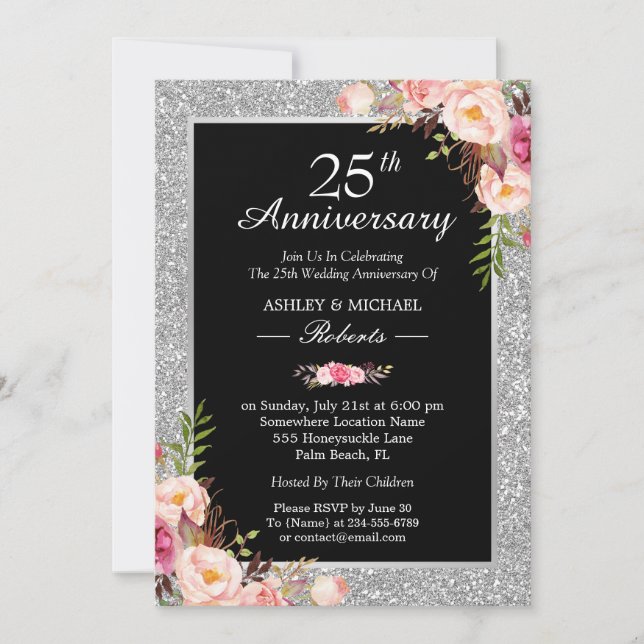 25. Silver Wedding Jubiläum Elegant Floral Einladung (Vorderseite)