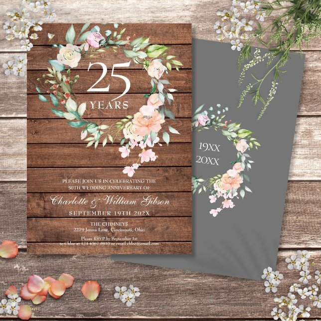 25. Silver Wedding Jubiläum florales rustikales Ho Einladung (25th Silver Wedding Anniversary Floral Rustic Wood Invitation)