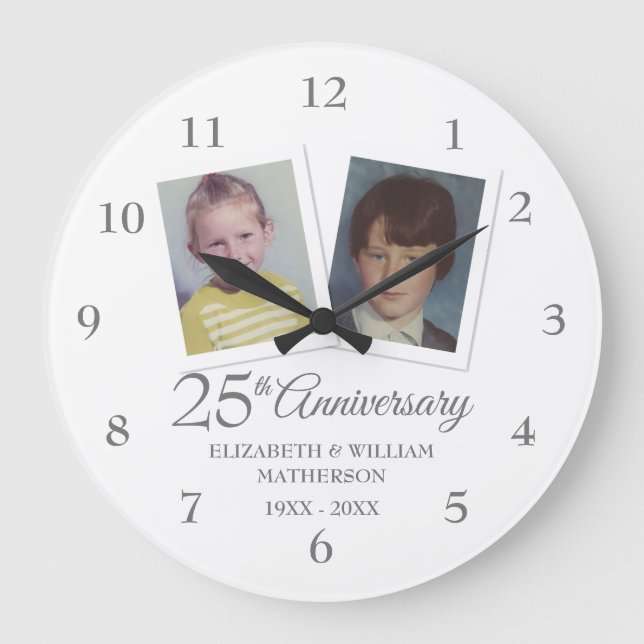 25. Silver Wedding Jubiläum Kinder-Fotos Große Wanduhr (Vorderseite)