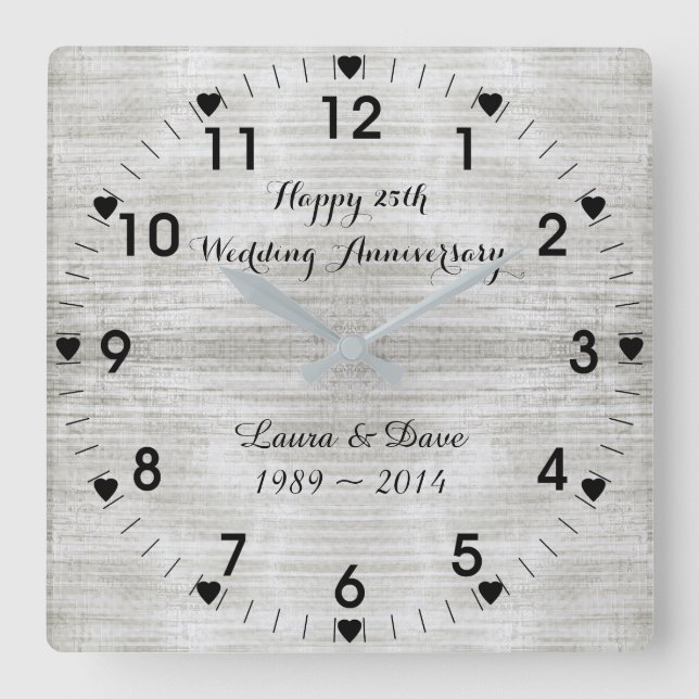 25. Silver Wedding Jubiläum Quadratische Wanduhr (Vorderseite)