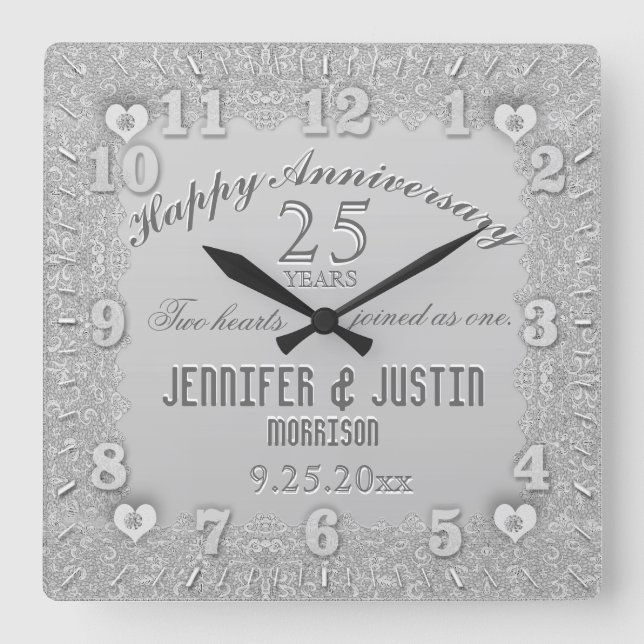 25. Silver Wedding Jubiläum Quadratische Wanduhr (Vorderseite)