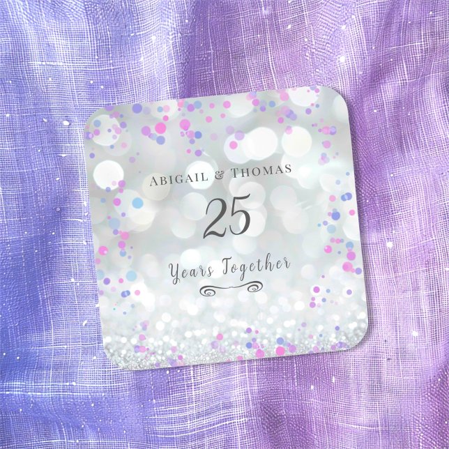 25. Silver Wedding Jubiläum Quadratischer Aufkleber (25th Silver Wedding Anniversary (bokeh) sticker)