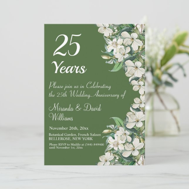 25. Silver Wedding Jubiläum Weiße Blüte Einladung (Stehend Vorderseite)