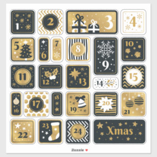 25 Stickers Calendrier Avent or noir Noël
