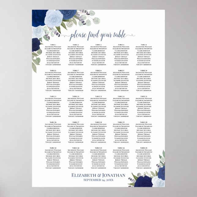 25 Tabelle Blauer Boho Blütensitzplan Poster (Vorne)
