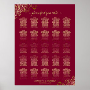 25 Tabelle Elegant Burgund und Gold Seating Chart Poster