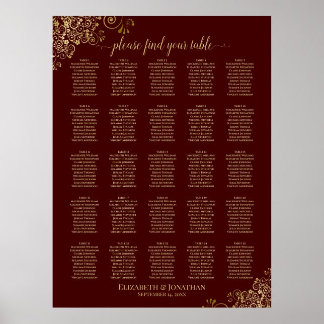 25 Tabelle Gold & Auburn Brown Hochzeitstabelle Poster (Vorne)