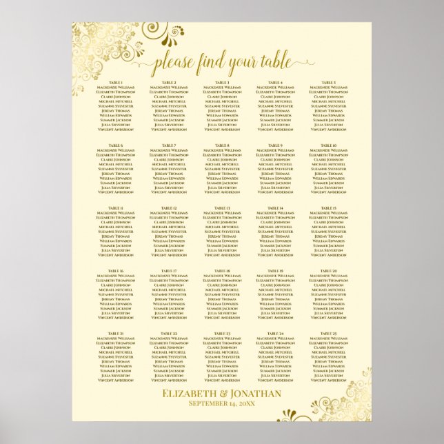 25 Tabelle Gold & Creme Hochzeitskarte Poster (Vorne)