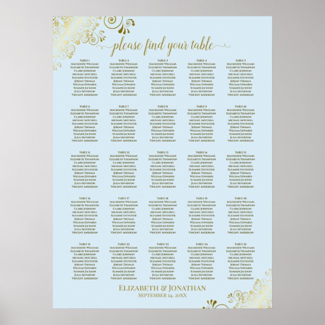 25 Tabelle Gold & Powder Blue Wedding Seating Char Poster (Vorne)