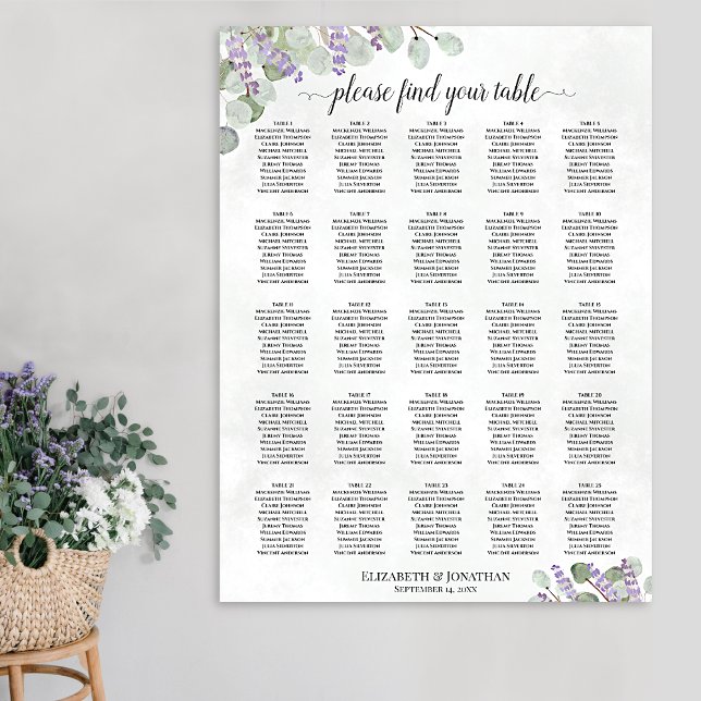 25 Tabelle Hochzeitskarte Lavendel Eukalyptus Poster (In Situ on Wall)