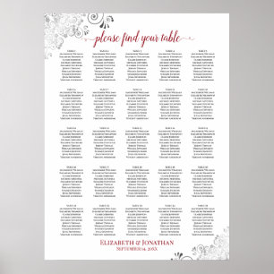 25 Tabelle Lacy Wedding Seating Chart White & Red Poster