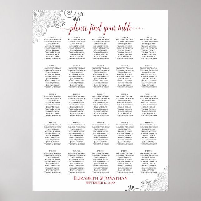 25 Tabelle Lacy Wedding Seating Chart White & Red Poster (Vorne)