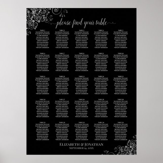 25 Tabelle Silver & Black Wedding Seating Chart Poster (Vorne)