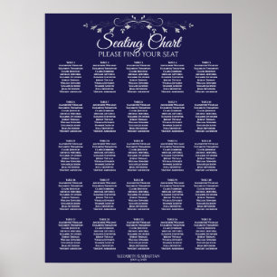 25 Table Elegant Navy Blue Wedding Seating Chart Poster