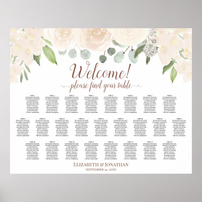 25 Table Pale Blush Peach Boho Roses Seating Chart Poster (Vorne)