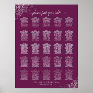 25 Table Silver & Cassis Wedding Seating Chart Poster