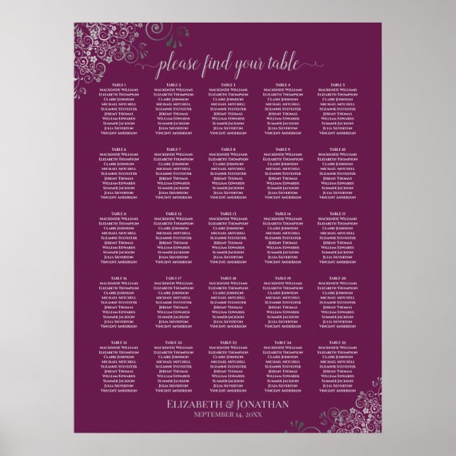 25 Table Silver & Cassis Wedding Seating Chart Poster (Vorne)