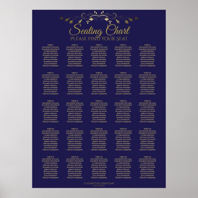 25 Tableau Élégant Gold & Marine Mariage Seating C (Devant)