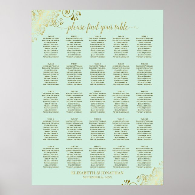 25 Tableau Gold & Mint Green Mariage Seating Chart (Devant)