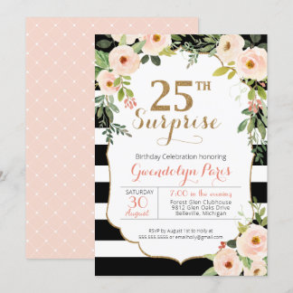25. Überraschung Schwarz-weiß Stripe Floral Geburt Einladung