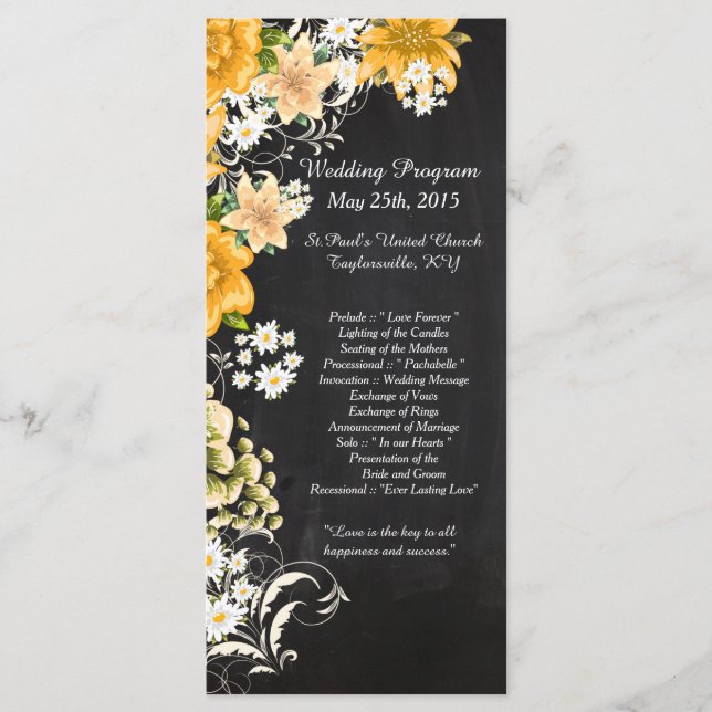 25 Yellow Rose Chalkboard Hochzeitsprogramme Programm (Vorderseite)