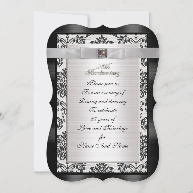 25e anniversaire Damask invitation noir et blanc (Devant)
