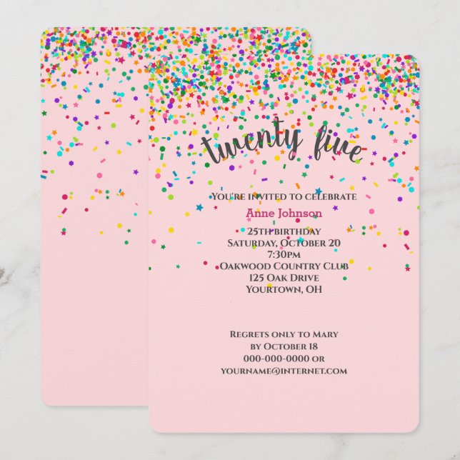 25e Anniversaire Fête confetti Invitation (Devant / Derrière)