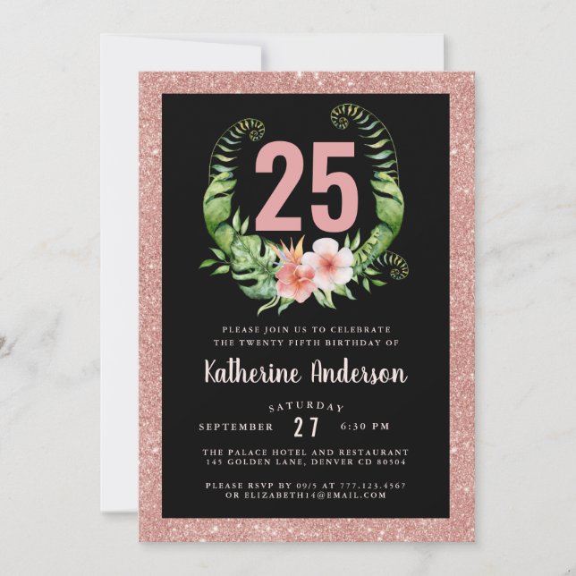 25e anniversaire noir rousse rose invitation flora (Devant)