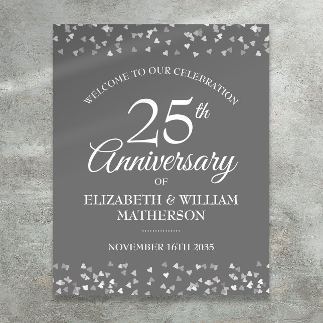 25e anniversaire Silver Love Hearts Affiche de bie (25th Anniversary Silver Love Hearts Welcome Sign)