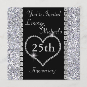 25ème Invitation ARGENTÉE de fête d'anniversaire