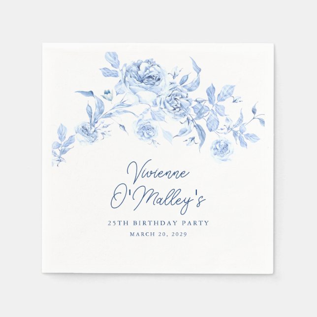 25th Birthday Party Blue Rose Floral Custom Serviette (Vorderseite)