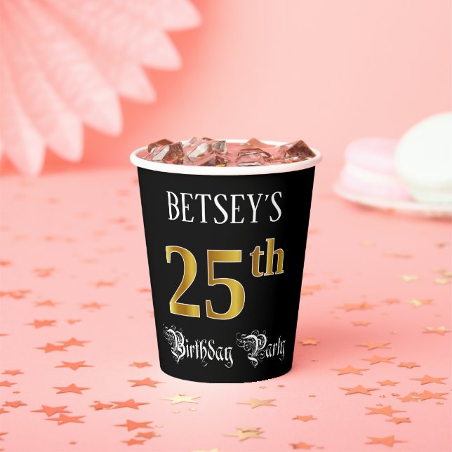 25th Birthday Party — Fancy Script, Faux Gold Look Pappbecher (Insitu)