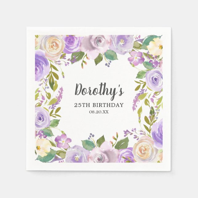 25th Birthday Party Purple Rose Floral Monogram Serviette (Vorderseite)