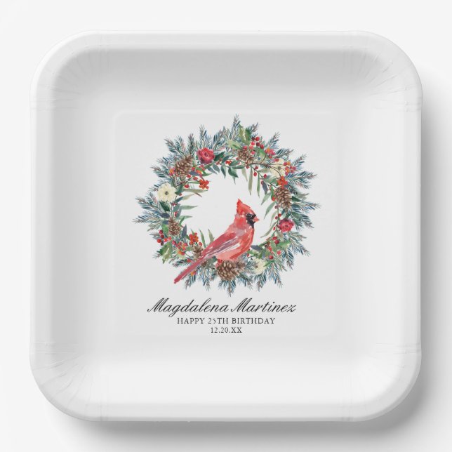 25th Birthday Red Cardinal Wreath Custom Pappteller (Vorderseite)