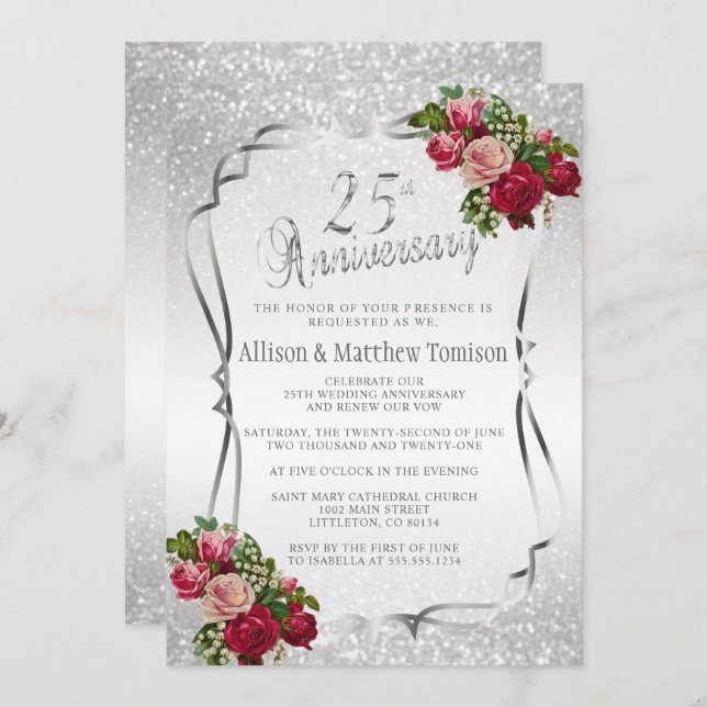 25th Silver Glitter Wedding Anniversary | DIY Text Einladung (Vorne/Hinten)
