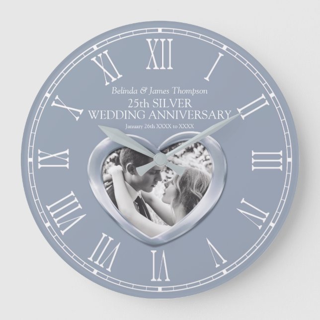 25th silver wedding anniversary custom photo heart große wanduhr (Vorderseite)