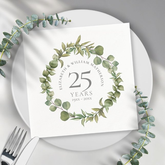 25th Silver Wedding Anniversary Greenery Floral Serviette (Von Creator hochgeladen)