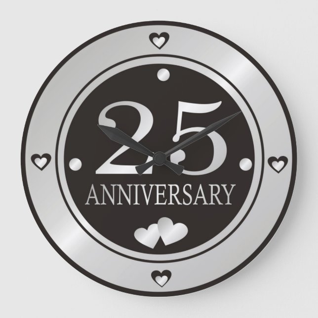25th Wedding Anniversary Black And Silver   Große Wanduhr (Vorderseite)