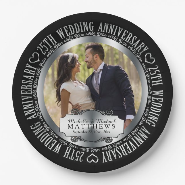 25th Wedding Anniversary Foto Black SIlver Tone Pappteller (Vorderseite)