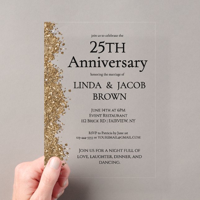 25th Wedding Anniversary Gold Faux Glitter  Acryleinladungen (Insitu (Handheld))
