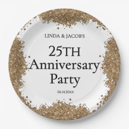 25th Wedding Anniversary Gold Faux Glitter Pappteller