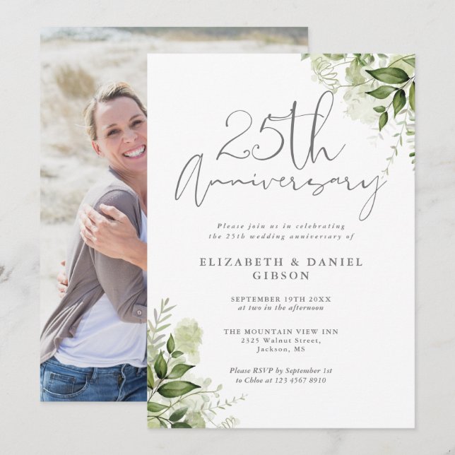 25th Wedding Anniversary Greenery Floral Photo Einladung (Vorne/Hinten)