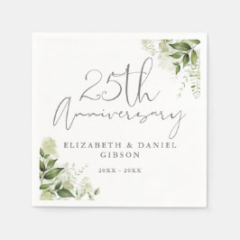 25th Wedding Anniversary Greenery Silver Script Serviette