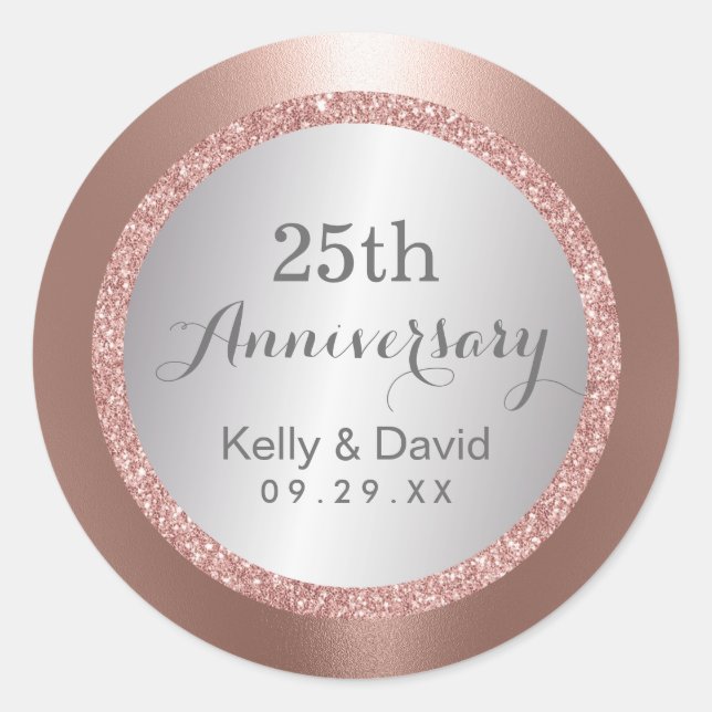 25th Wedding Anniversary Modern Rose Gold Silver Runder Aufkleber (Vorderseite)