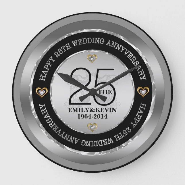 25th Wedding Anniversary Silver & Black Große Wanduhr (Vorderseite)