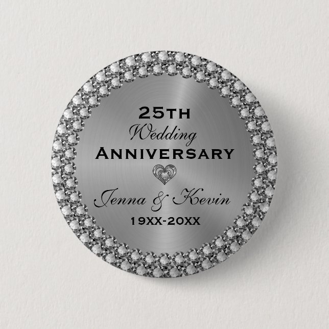 25th Wedding Anniversary Silver & Diamonds Button (Vorderseite)