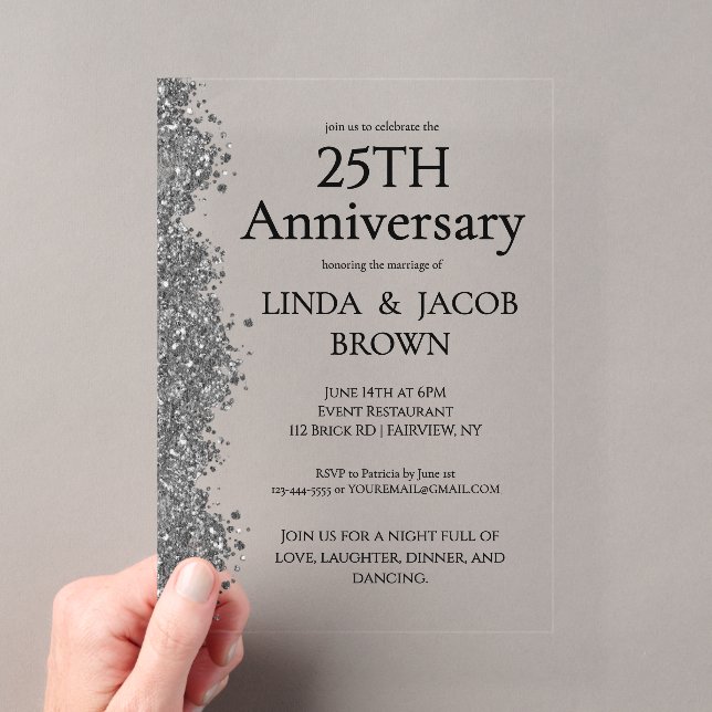 25th Wedding Anniversary Silver Faux Glitter  Acryleinladungen (Insitu (Handheld))