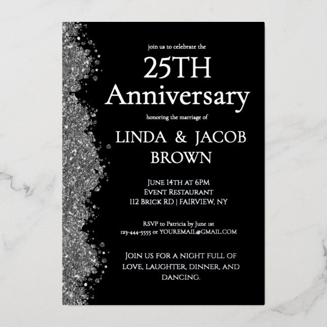 25th Wedding Anniversary Silver Faux Glitter  Folieneinladung (Vorderseite)