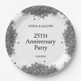 25th Wedding Anniversary Silver Faux Glitter  Pappteller