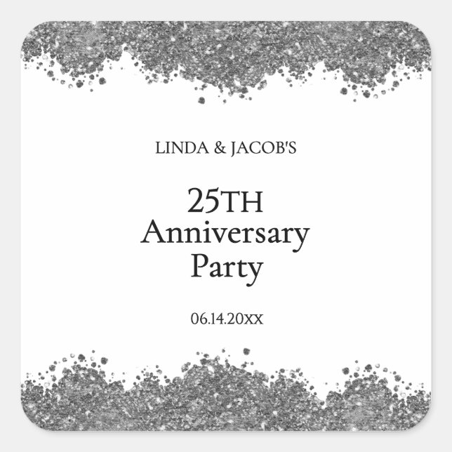 25th Wedding Anniversary Silver Faux Glitter  Quadratischer Aufkleber (Vorderseite)